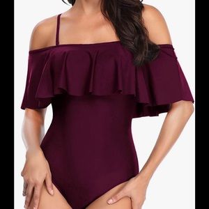 Bathing Suit 1-PC NEW Size Medium Ruffled Shoulder Swimwear Beachwear Pool Swim!